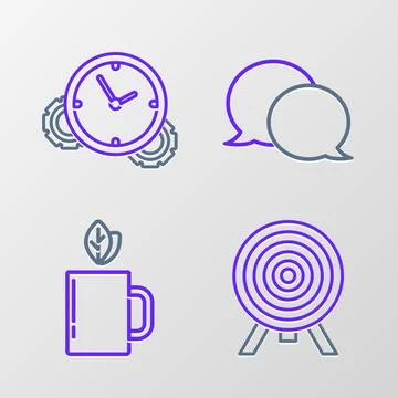 Set line Target, Cup of tea and leaf, Speech bubble chat and Time Management Illustrazione stock