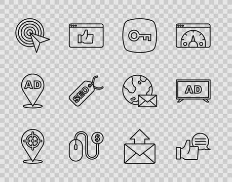 Set line Target, Customer product rating, Key, Advertising, SEO optimization Stock Illustration
