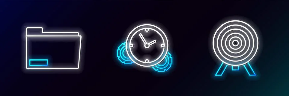 Set line Target, Document folder and Time Management icon. Glowing neon. Vect Stock Illustration
