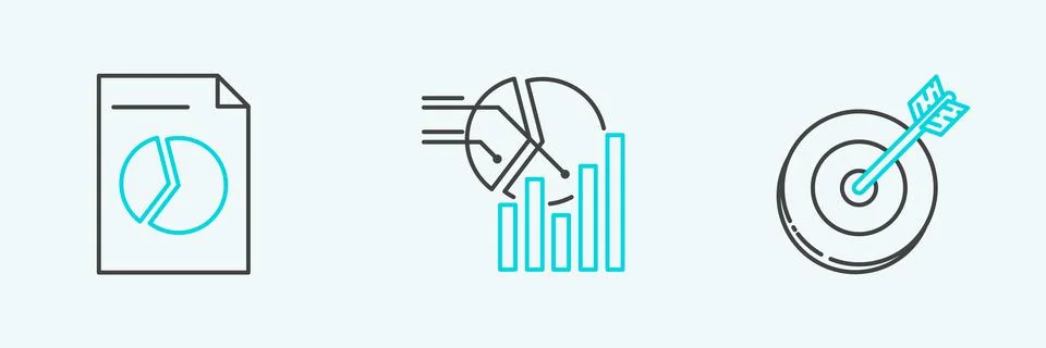 Set line Target, Document with graph chart and Pie infographic icon. Vector Illustrazione stock