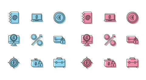 Set line Target with dollar symbol, Closed wallet lock, Address book, Briefcase Stock Illustration