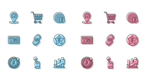 Set line Target with dollar symbol, Hand touch and tap gesture, Map pointer.. Stock Illustration