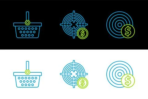Set line Target with dollar symbol, Shopping basket and  icon. Vector Stock Illustration