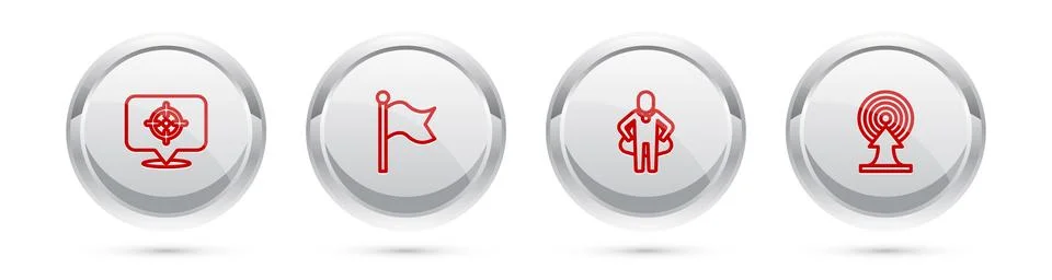 Set line Target, Flag, Head hunting and with arrow. Silver circle button. Vector Stock Illustration