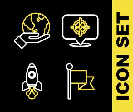 Set line Target, Flag, Rocket ship and Hand holding Earth globe icon. Vector Illustrazione stock