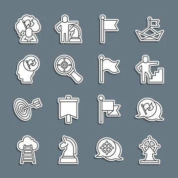 Set line Target, Flag, Stair with finish flag, magnifying glass, Hand holdi.. Stock Illustration