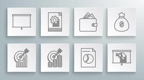 Set line Target with graph chart, Document, coin symbol, Board, Wallet stacks Stock Illustration