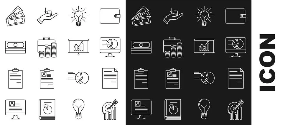 Set line Target with graph chart, Document, Computer monitor, Light bulb rays Illustrazione stock