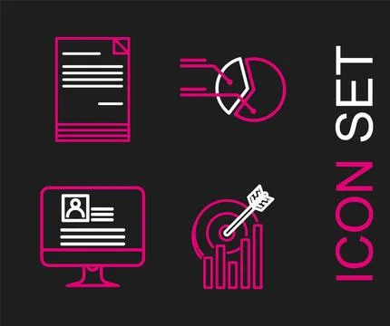 Set line Target with graph chart, Computer monitor resume, Pie infographic and Illustrazione stock