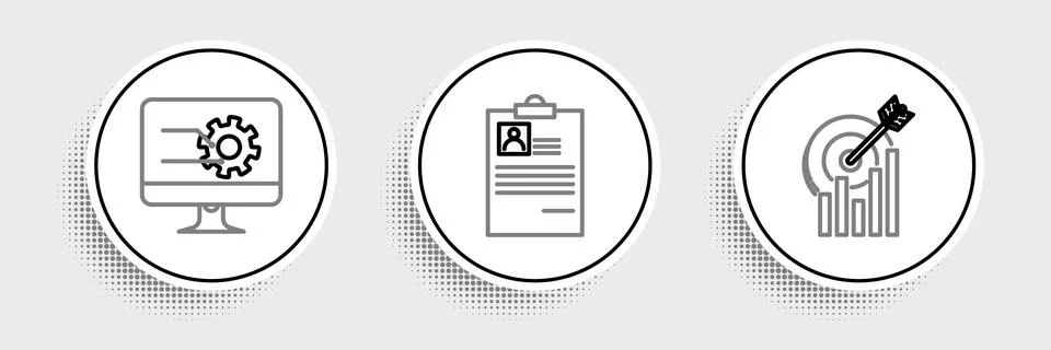 Set line Target with graph chart, Computer monitor and Clipboard resume icon Stockillustratie