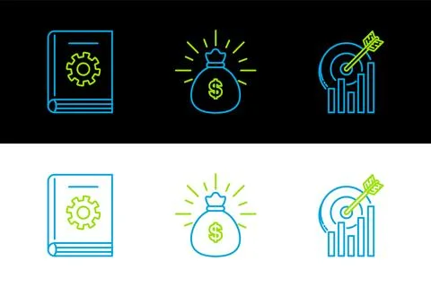 Set line Target with graph chart, User manual and Money bag icon. Vector Illustrazione stock