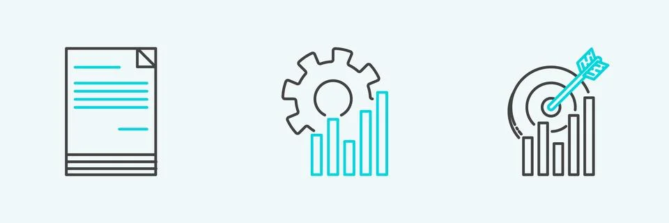 Set line Target with graph chart, Document and Pie infographic icon. Vector Stock Illustration