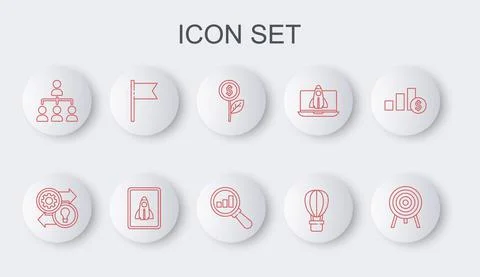 Set line Target, Human resources, Dollar plant, Hot air balloon, Hierarchy Stock Illustration