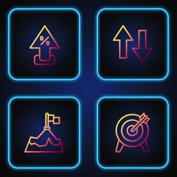 Set line Target, Mountains with flag, Percent up arrow and Arrow. Gradient color Stock Illustration