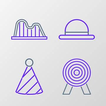 Set line Target, Party hat, Clown and Roller coaster icon. Vector Stock Illustration