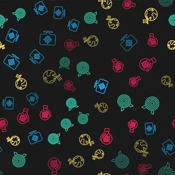 Set line Target, , Planet with flag and on seamless pattern. Vector Stock Illustration
