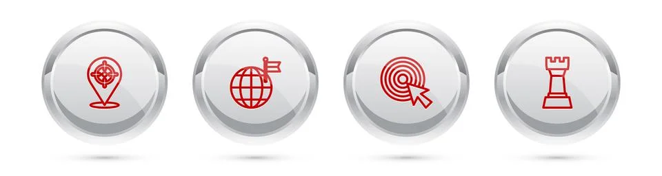 Set line Target, Planet with flag, arrow and Chess. Silver circle button. Vector Stock Illustration