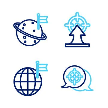 Set line Target, Planet with flag,  and Moon icon. Vector Ilustração Stock