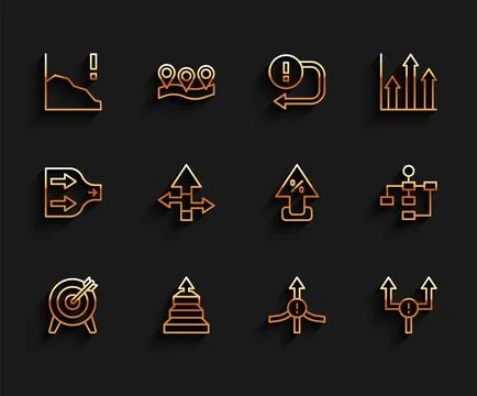 Set line Target, Pyramid chart infographics, Financial growth decrease, Arr.. Stock Illustration