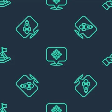 Set line Target, Rocket ship and Mountains with flag on seamless pattern. V.. Stock Illustration
