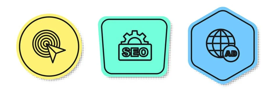 Set line Target, SEO optimization and Advertising. Colored shapes. Vector Illustrazione stock