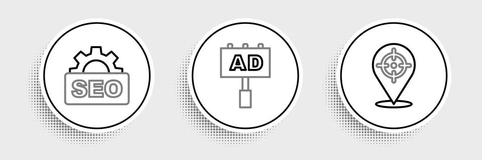 Set line Target, SEO optimization and Advertising icon. Vector イラスト素材