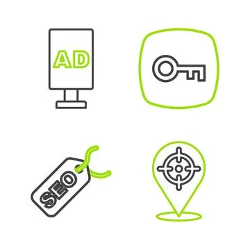 Set line Target, SEO optimization, Key and  icon. Vector Illustrazione stock