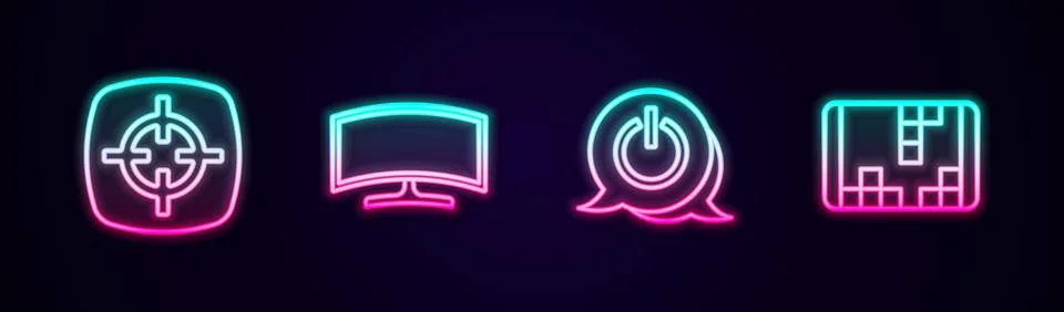 Set line Target sport, Computer monitor, Power button and Portable video game Stock Illustration