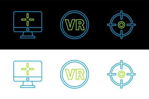 Set line Target sport, Computer monitor and Virtual reality glasses icon. V.. Stock Illustration