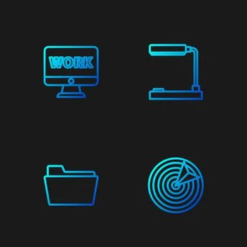 Set line Target sport, Document folder, Monitor with text work and Table la.. Illustrazione stock