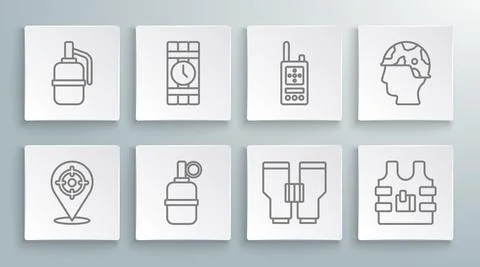 Set line Target sport, Dynamite and timer clock, Hand grenade, Binoculars Stock Illustration