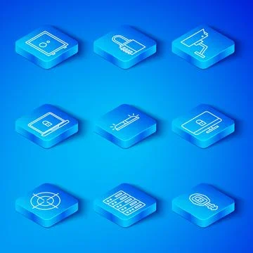 Set line Target sport, Flasher siren, Server, Data, Web Hosting, Lock on co.. Stock Illustration