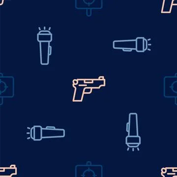 Set line Target sport, Flashlight and Pistol gun on seamless pattern. Vector 스톡 일러스트