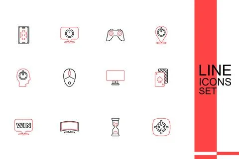 Set line Target sport, Old hourglass, Computer monitor, Medal, Playing card.. Stock Illustration