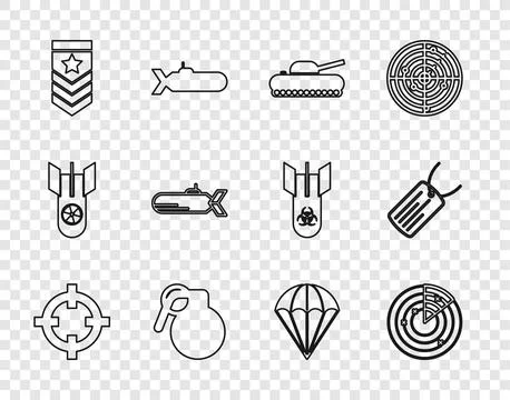 Set line Target sport, Radar with targets, Military tank, Hand grenade, Chevron Stock Illustration