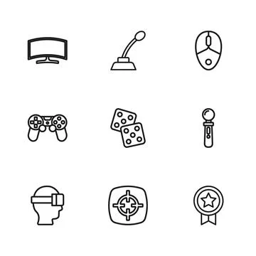 Set line Target sport, VR controller game, Game rating with medal, dice, Co.. Stock Illustration
