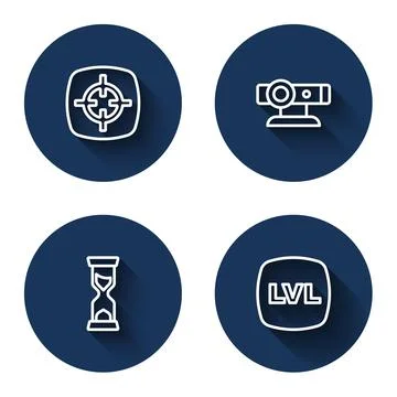 Set line Target sport, Web camera, Old hourglass and Level game with long shadow Stock Illustration