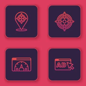 Set line Target, Website statistic, and Advertising. Blue square button. Vector Illustrazione stock
