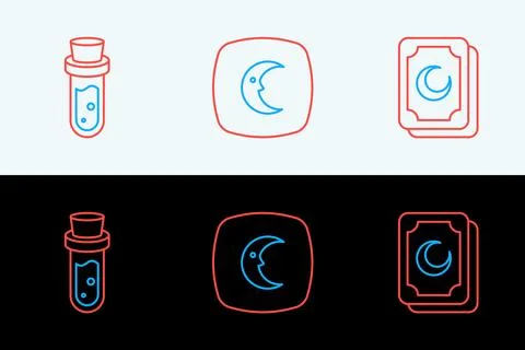 Set line Tarot cards, Bottle with potion and Moon and stars icon. Vector Stock Illustration
