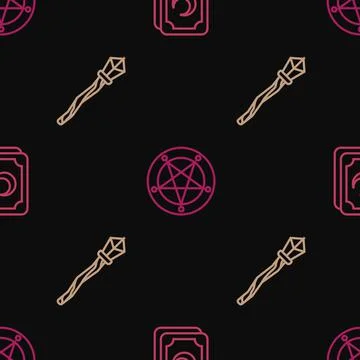 Set line Tarot cards, Magic staff and Pentagram in circle on seamless pattern Stock Illustration