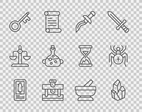 Set line Tarot cards, Magic stone, Dagger, Bottle with potion, Old key, Poi.. 库存插图