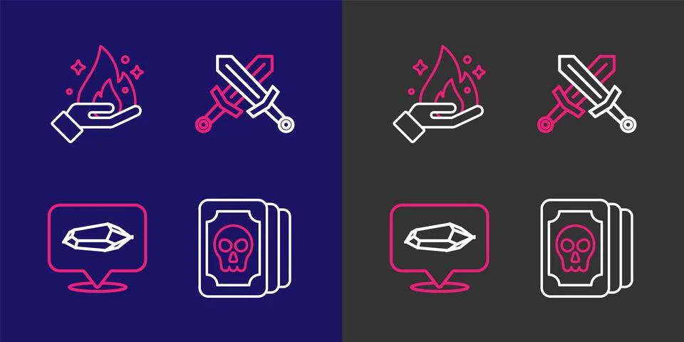 Set line Tarot cards, Magic stone, Crossed medieval sword and Hand holding .. Stock Illustration