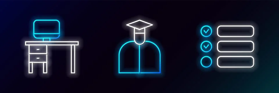 Set line Task list, Computer monitor and desk and Student icon. Glowing neon. 스톡 일러스트