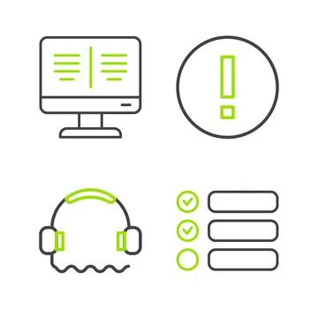 Set line Task list, Headphones, Information and Online book monitor icon. Vector Illustrazione stock