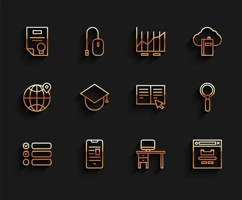 Set line Task list, Online book on mobile, Certificate template, Computer Stock Illustration