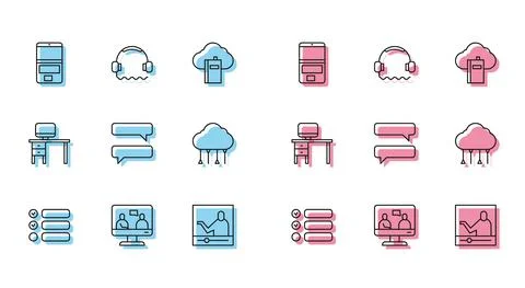 Set line Task list, Online education, Laptop, Speech bubble chat, Network cloud Stock Illustration