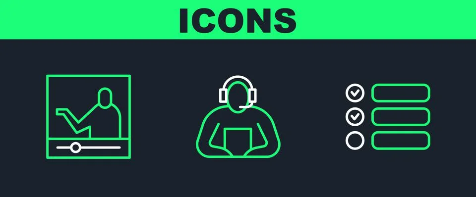 Set line Task list, Online education and Student icon. Vector Stock Illustration