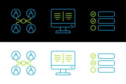 Set line Task list, Online class and book on monitor icon. Vector Stock Illustration