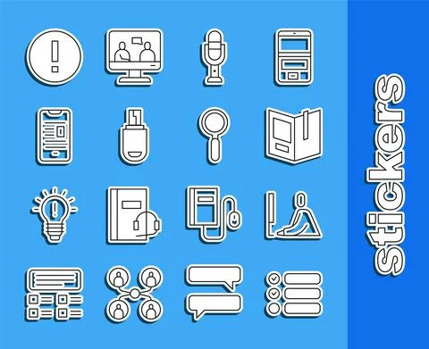 Set line Task list, Student working at laptop, Open book, Microphone, USB flash Illustrazione stock