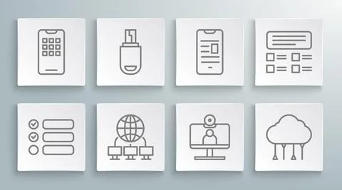 Set line Task list, USB flash drive, Computer network, Video chat conference Stock Illustration